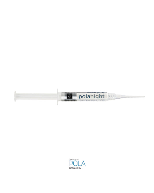 Seringa de gel branqueador Pola Night 16% para branqueamento dentario noturno, ideal para uso individual.