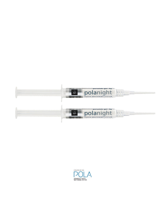Kit de branqueamento dentario Pola Night 16% com duas seringas para tratamento noturno em casa.