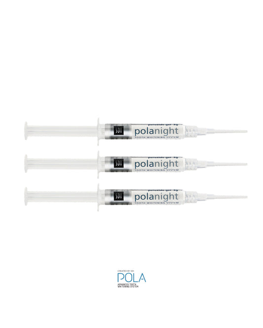 Kit de branqueamento dentario Pola Night 16% com três seringas, perfeito para uso prolongado em casa.