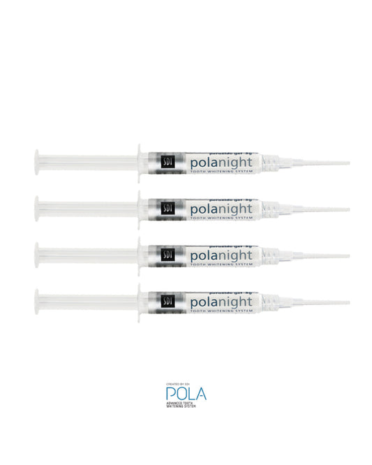 Kit de branqueamento dentario Pola Night 16% com quatro seringas para tratamento intensivo em casa.
