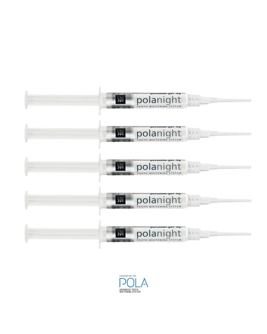 Kit de branqueamento dentario Pola Night 16% com cinco seringas, ideal para tratamento completo em casa.