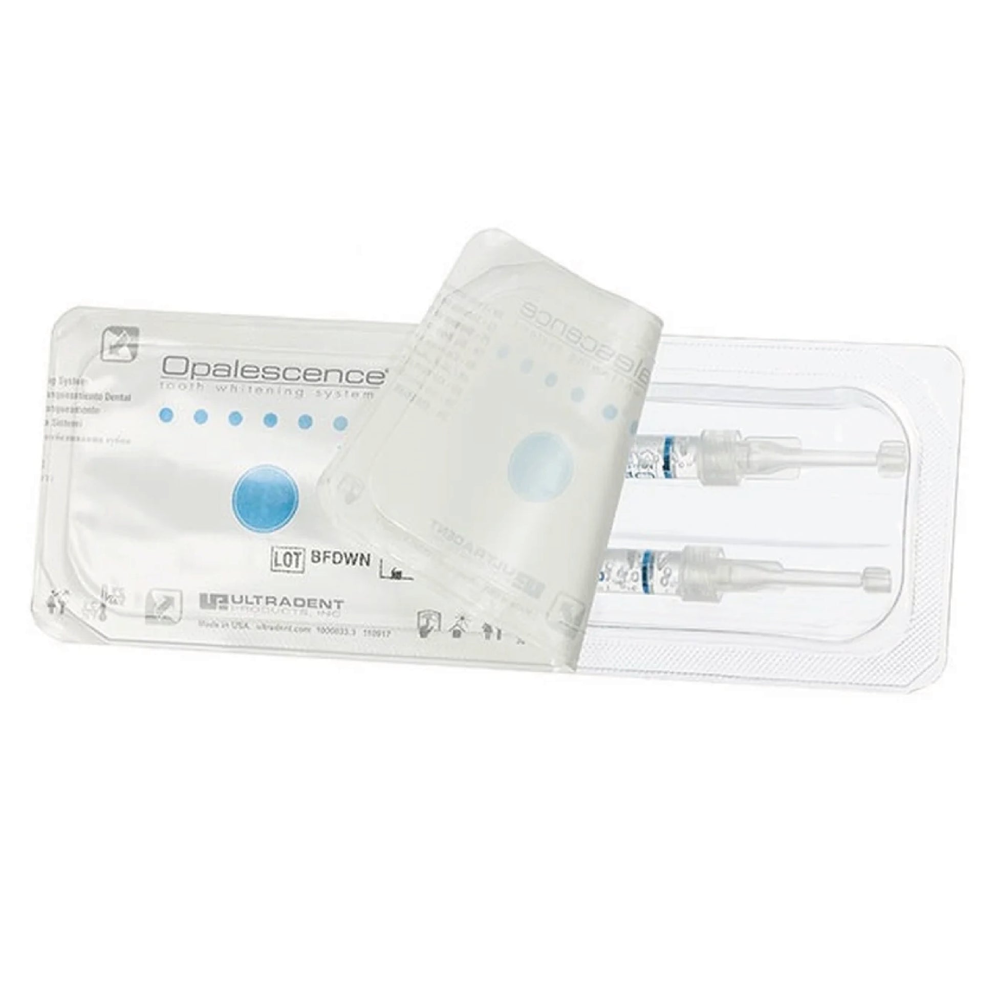 Kit de branqueamento dentario Opalescence 16% com duas seringas, embalagem compacta para tratamento caseiro.