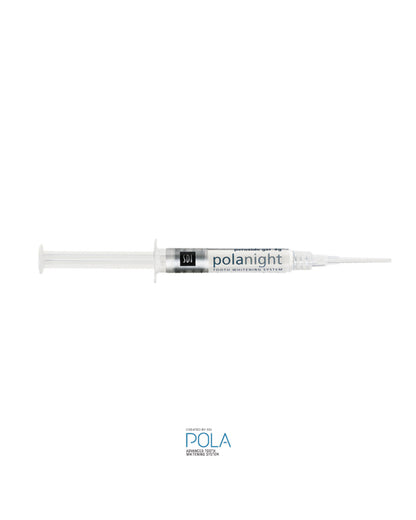 Seringa de gel branqueador Pola Night 16% para branqueamento dentario noturno, ideal para uso individual.