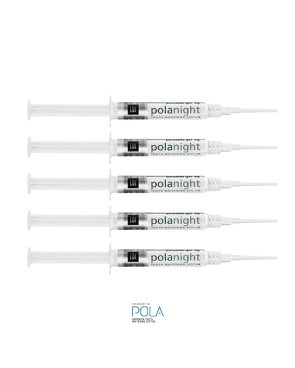 Kit de branqueamento dentario Pola Night 16% com cinco seringas, ideal para tratamento completo em casa.