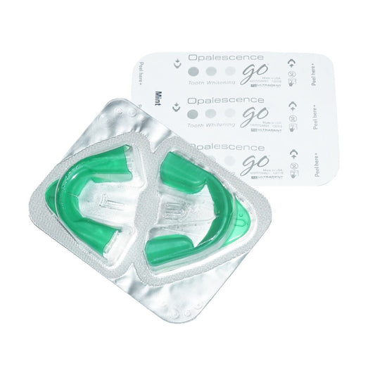 Compact teeth whitening kit from Opalescence Go 6% in Mint flavor, perfect for touch-ups and maintenance.