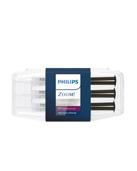 Philips Zoom Nite White 10% teeth whitening kit with six syringes, ideal for moderate sensitivity. Take-home whitening.