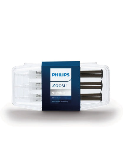 Philips Zoom Nite White 16% teeth whitening kit with six syringes, ideal for moderate sensitivity. Take-home whitening.